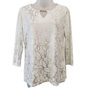 JM Collection‎ Glitter Blouse Top Women's SMALL White Gold Jacquard-Textured NEW